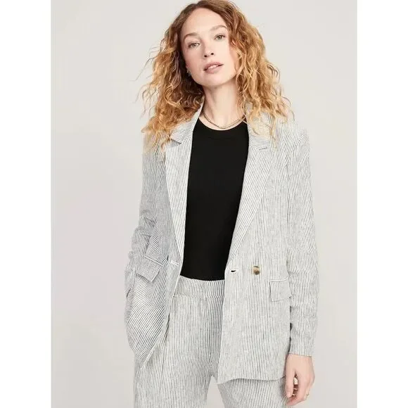 NWT Old Navy Linen Blend Blazer Jacket Large Striped Double Breasted Black White - Picture 13 of 13